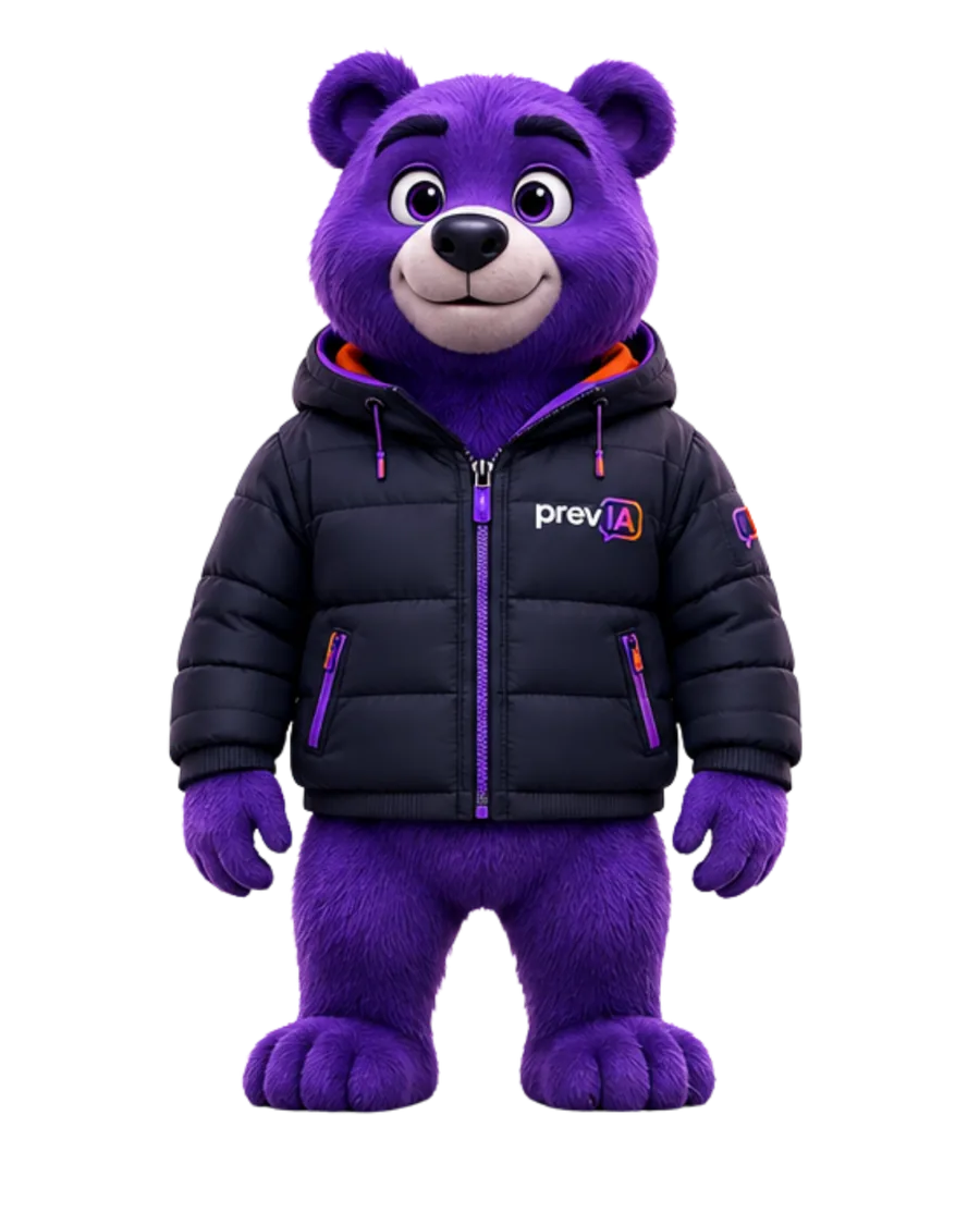 Mascote da PrevIA, um urso roxo de jaqueta, de frente e sorrindo