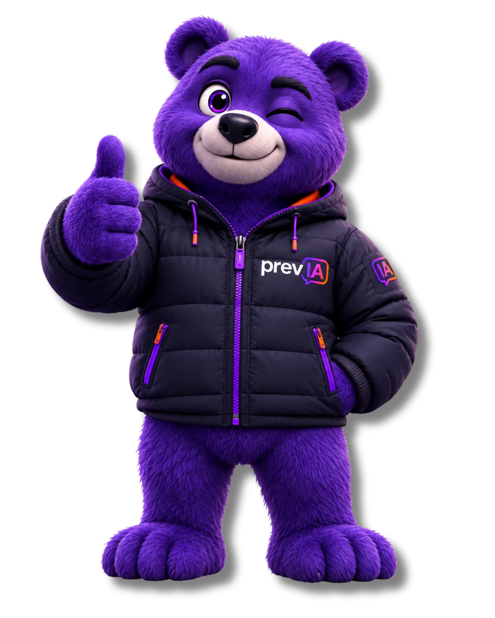 Mascote da PrevIA, um urso roxo de jaqueta, piscando e fazendo joinha